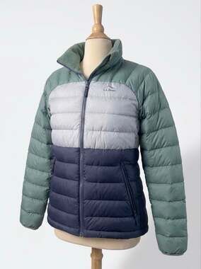 LL Bean Down Puffer Jacket Womens XS Regular Colorblock Green Blue Zip 516733